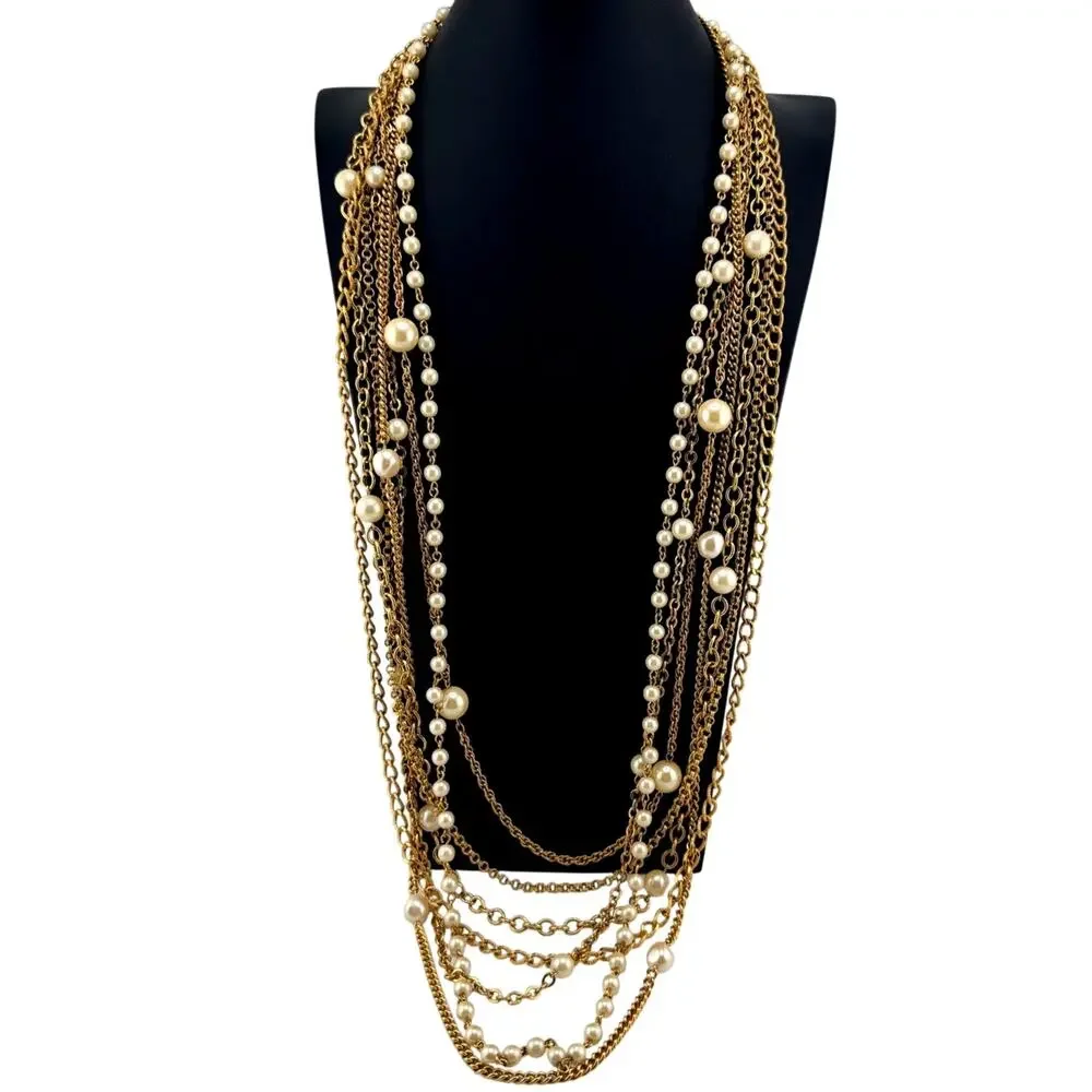 Vintage Joan Rivers 1990s Faux Pearl Layered Multichain Gold Tone 33